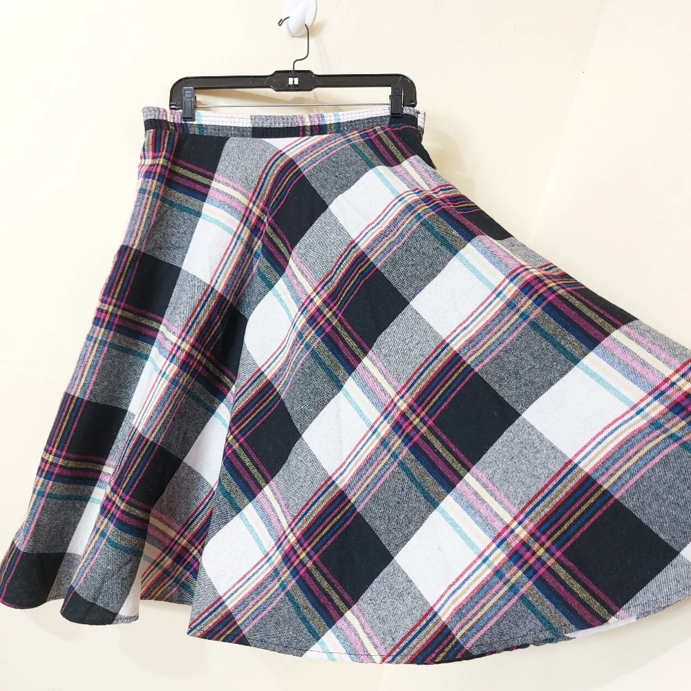 Vintage 80s Plaid Multicolor Pink Black Yellow A-Line Circle Midi Skirt - Picture 3 of 12